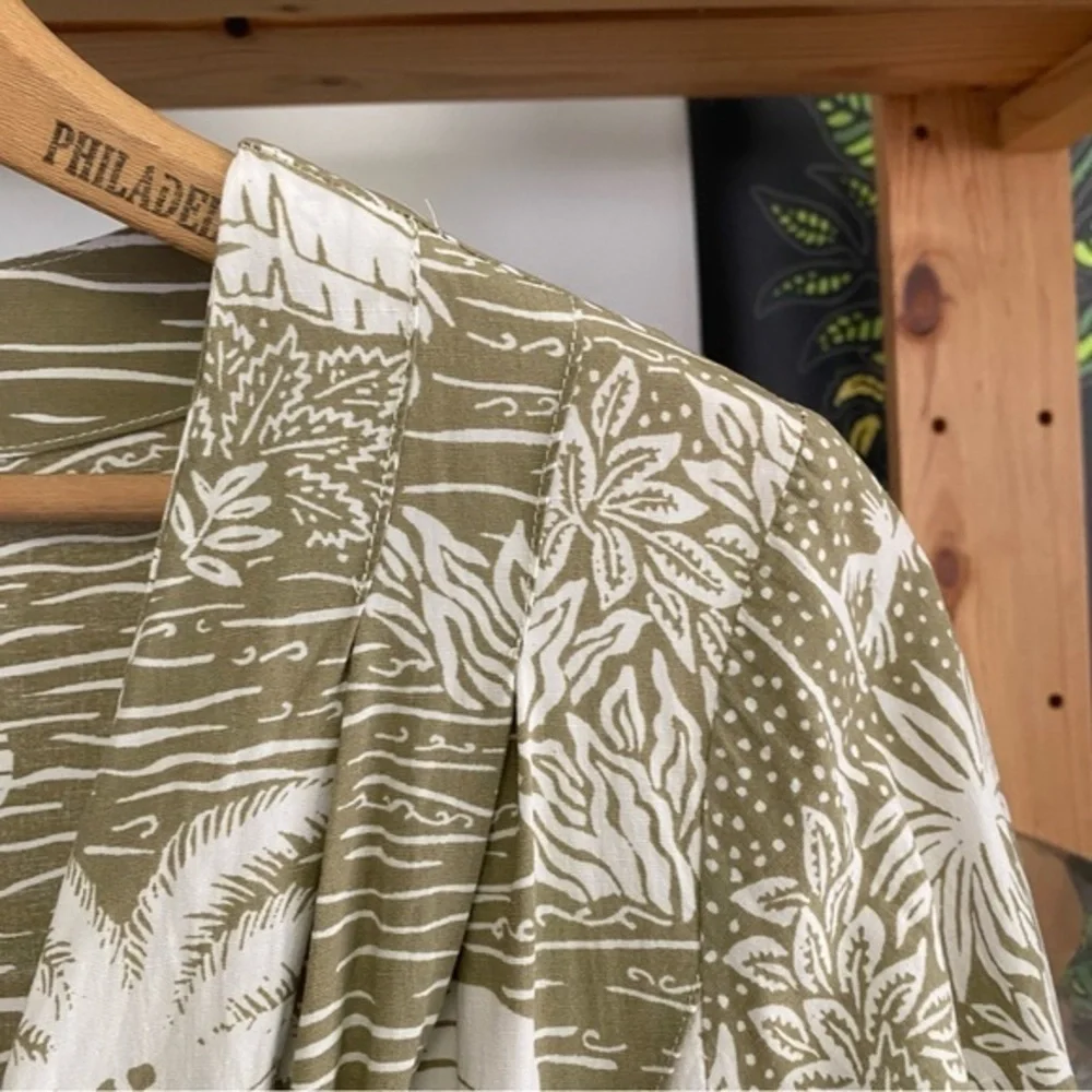 Desmond & Dempsey X H&M Green White Tropical Palm Print Linen Blend Midi Dress S - Picture 7 of 15